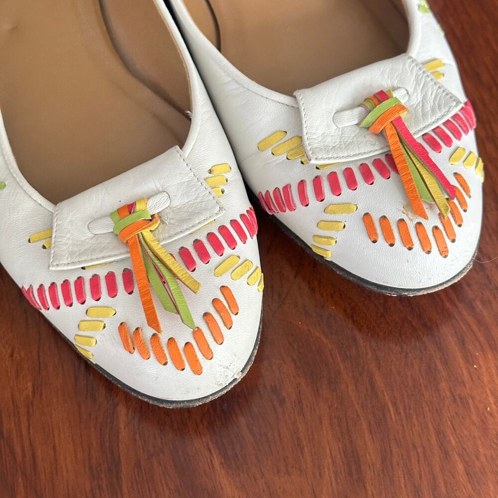 Vintage 80s 37.5 STUART WEITZMAN Multicolor White Western Woven Leather Loafers - Picture 2 of 8